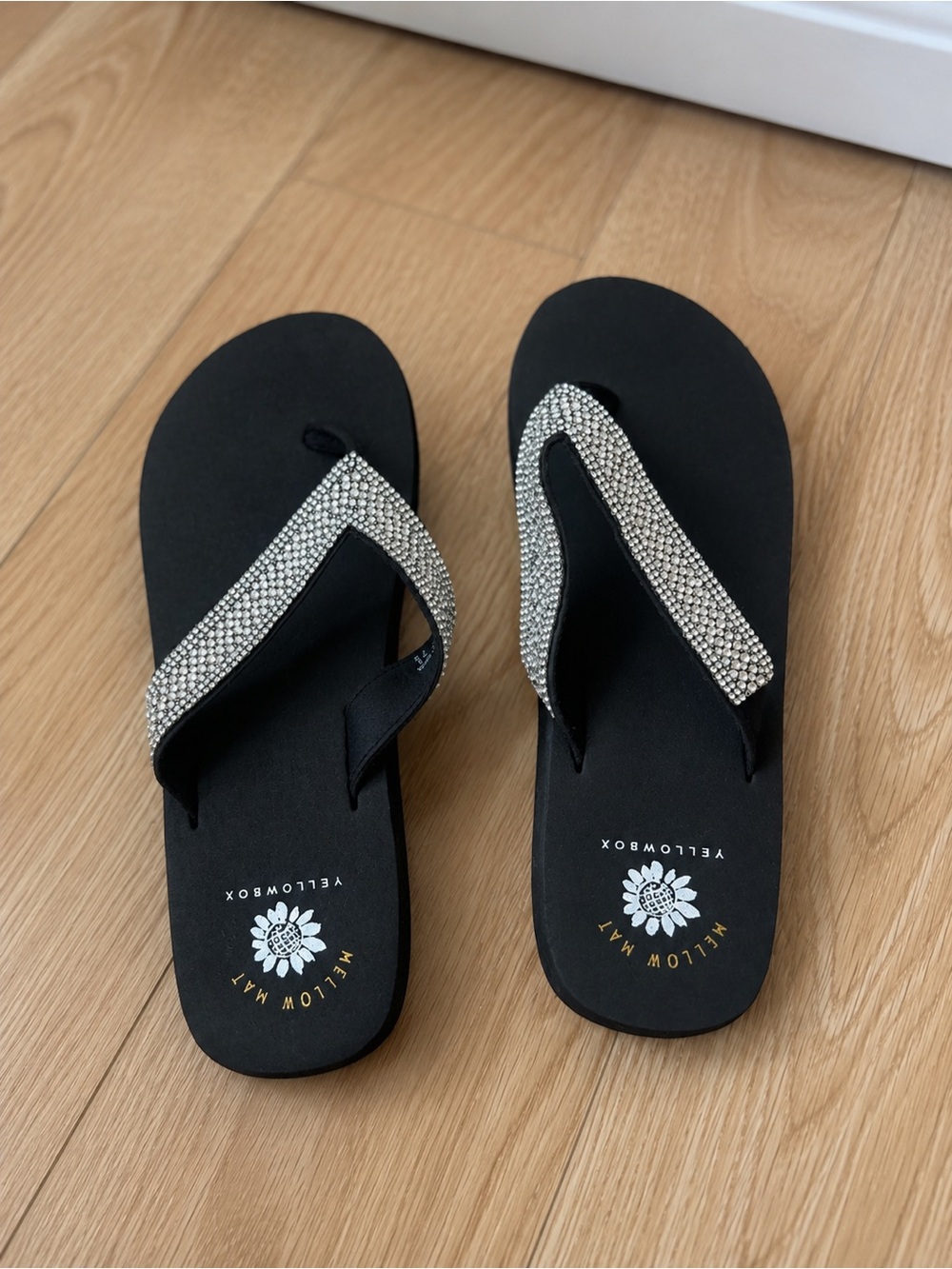 Yellow Box Black Flip Flops with Rhinestone Straps